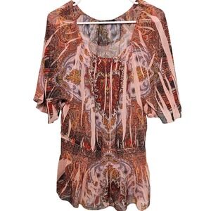 Apt 9 Sheer Paisley Medallion Smocked Peplum Blouse Top‎ Large Boho Festival
